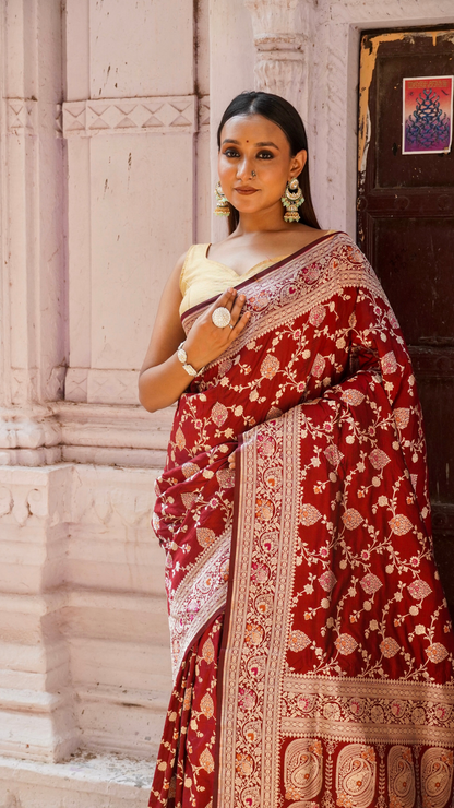 Gulab Mahal Maroon Banarasi Saree with Rose Gold Floral Weave