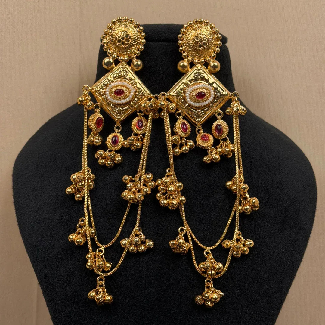 Antique Gold Geometric Drop Earrings with Red Stone & Long Ghungroo Chains - Baranashe - Antique Gold Geometric Drop Earrings with Red Stone & Long Ghungroo Chains