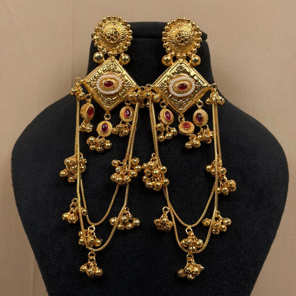 Antique Gold Geometric Drop Earrings with Red Stone & Long Ghungroo Chains - Baranashe - Antique Gold Geometric Drop Earrings with Red Stone & Long Ghungroo Chains