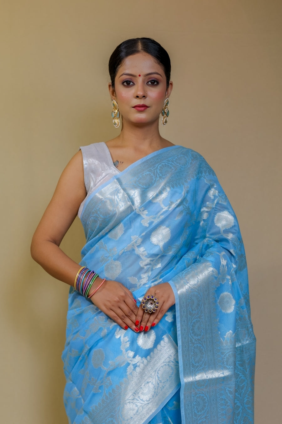 Serene Sky Blue Designer Mercerised Banarasi Kataan Monica Silk Saree