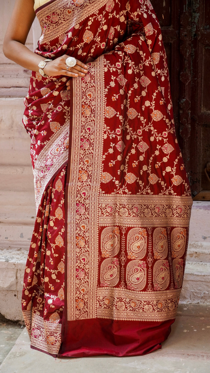 Gulab Mahal Maroon Banarasi Saree with Rose Gold Floral Weave