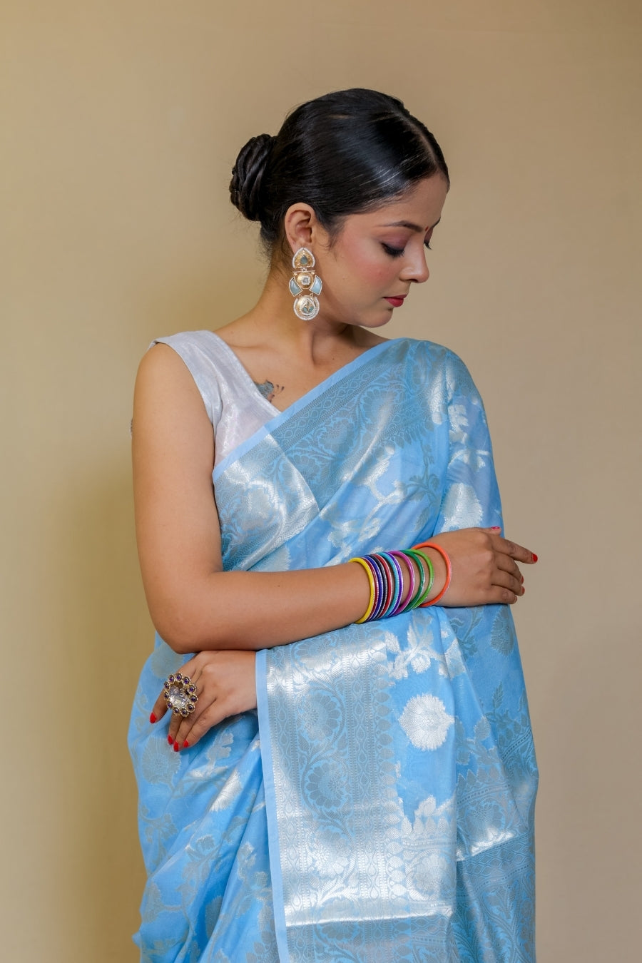 Serene Sky Blue Designer Mercerised Banarasi Kataan Monica Silk Saree