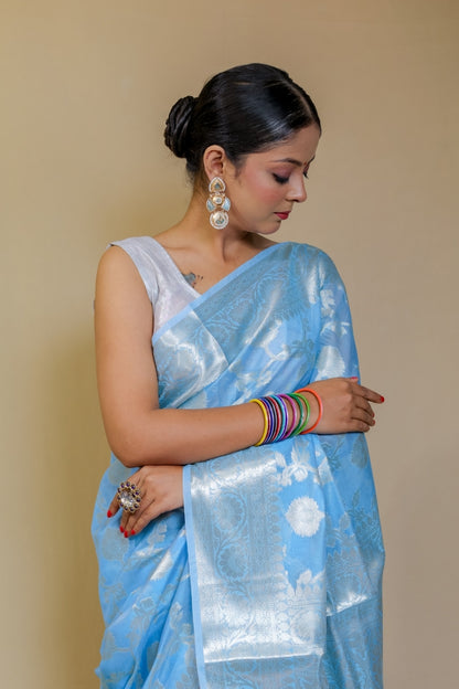 Serene Sky Blue Designer Mercerised Banarasi Kataan Monica Silk Saree