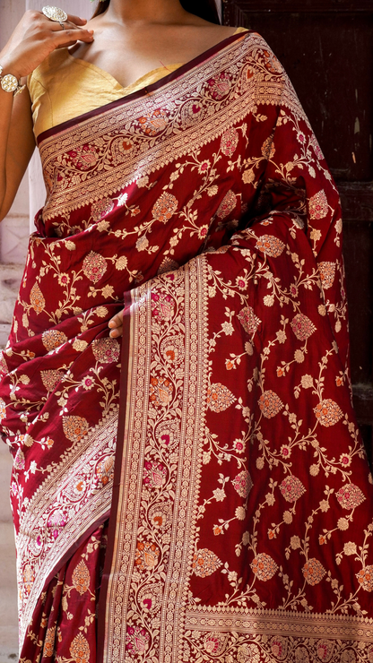 Gulab Mahal Maroon Banarasi Saree with Rose Gold Floral Weave