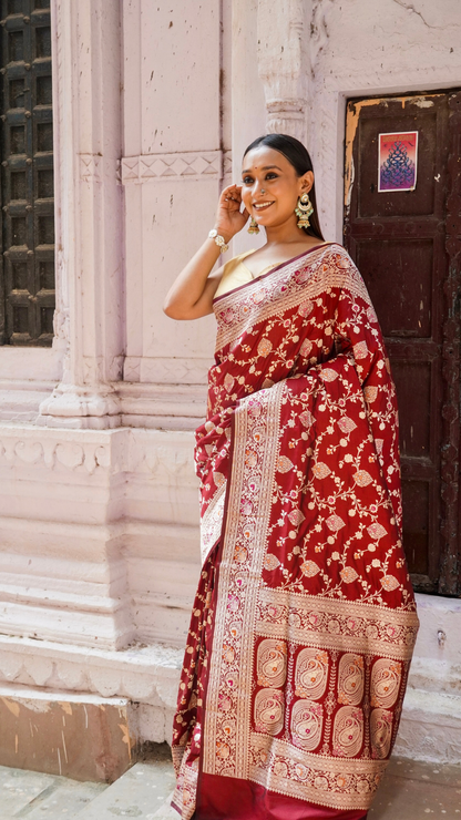 Gulab Mahal Maroon Banarasi Saree with Rose Gold Floral Weave