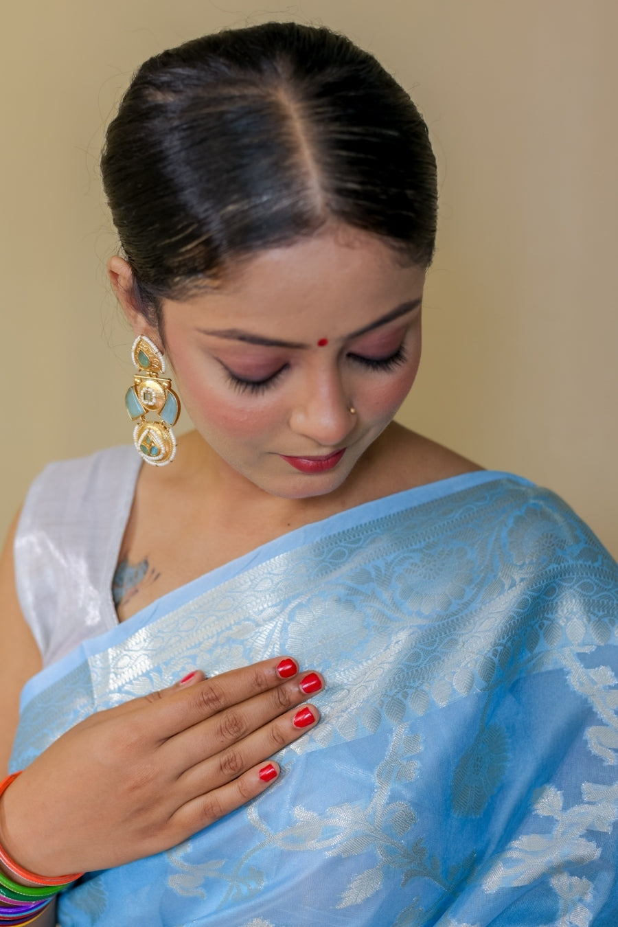 Serene Sky Blue Designer Mercerised Banarasi Kataan Monica Silk Saree