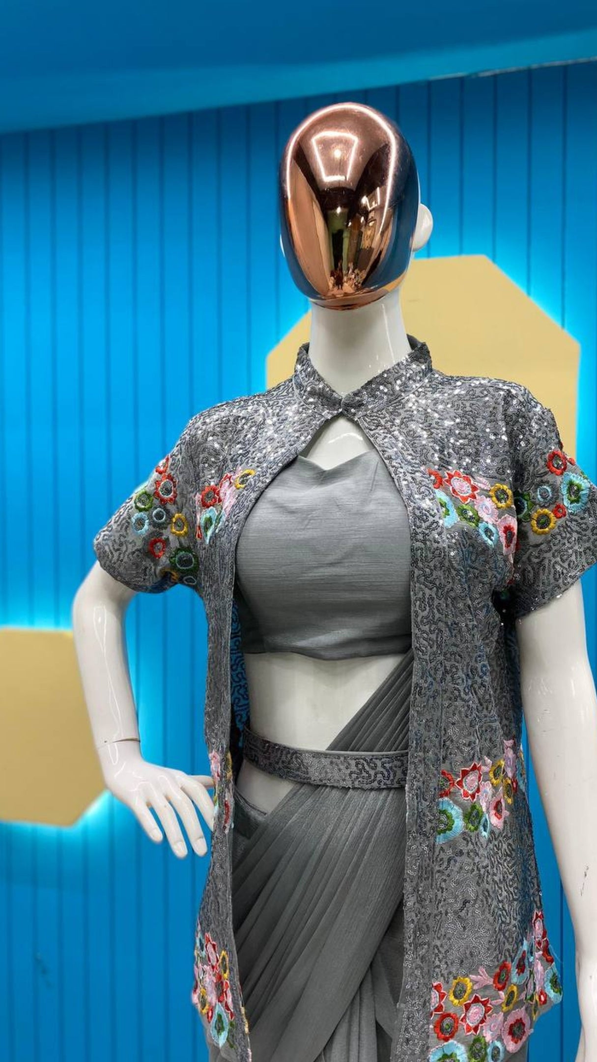 Grey Chinon Ready-to-Wear Saree with Sequin Embroidered Half Sleeve Koti & Belt