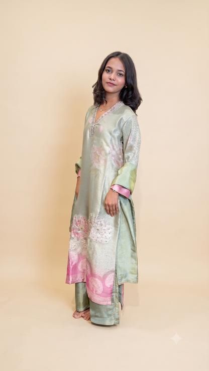 Premium Pastel Floral Print Straight Kurta With Palazzo & Dupatta Set