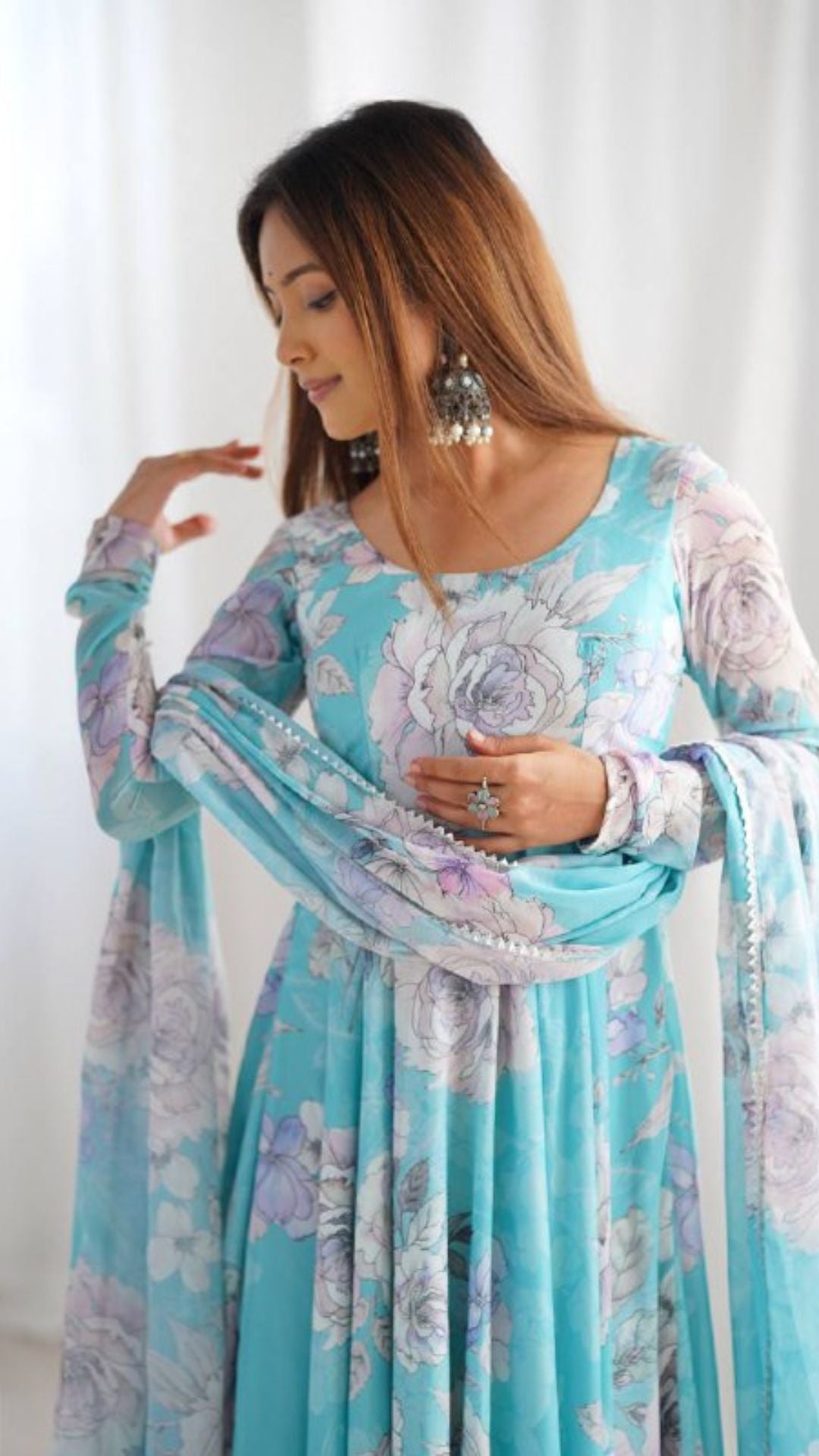 Sky Blue Floral Print Anarkali Suit with Dupatta for Women