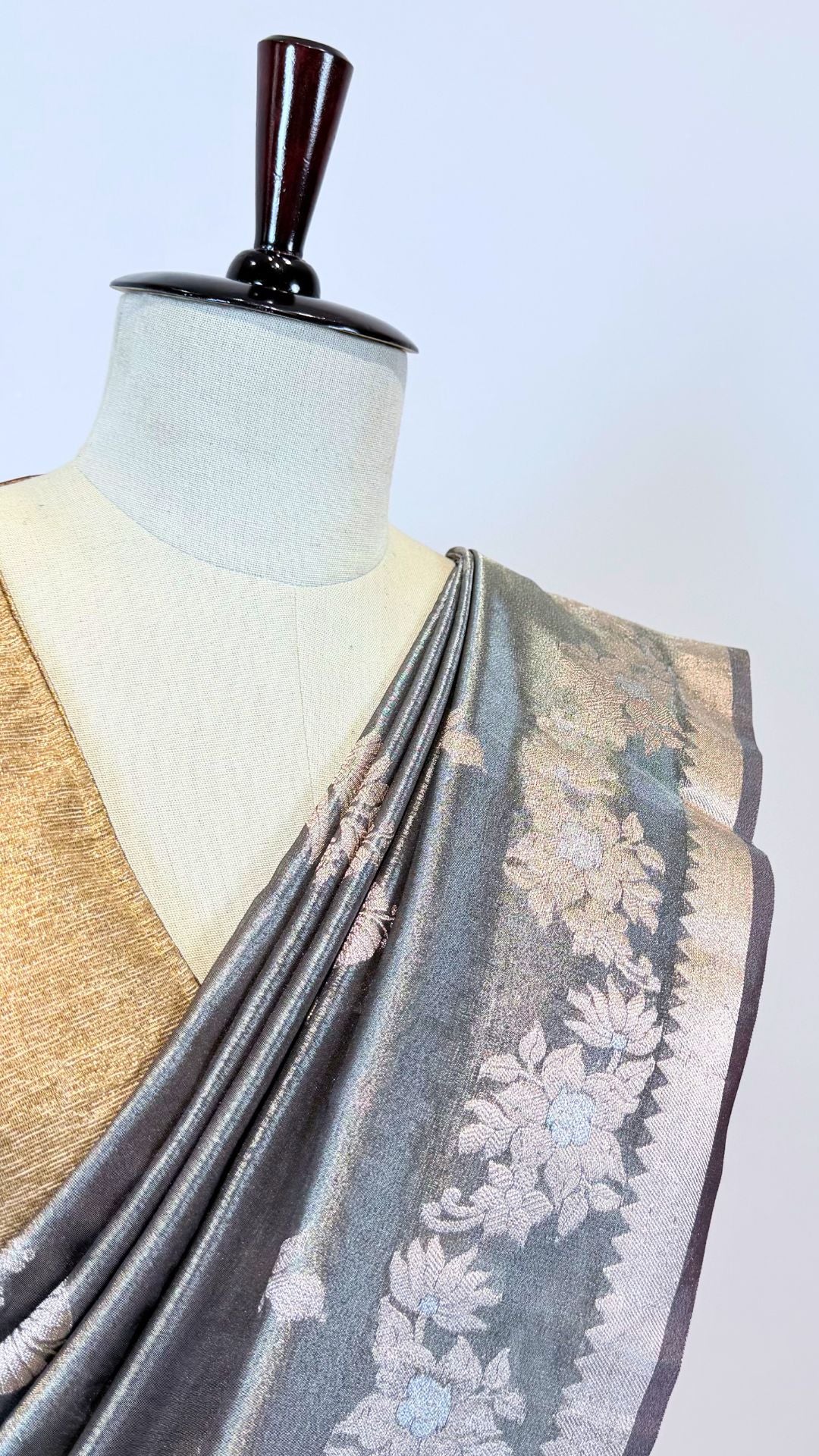 Grey Cotton Tissue Saree with Floral Zari Weaving Border