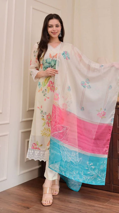 Floral Handwork Organza Suit Set with Reshmi Dupatta