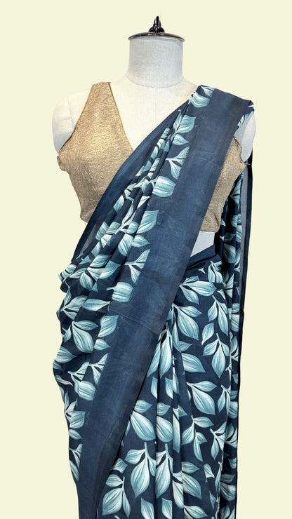 Navy Blue Leaf Printed Synthetic Saree