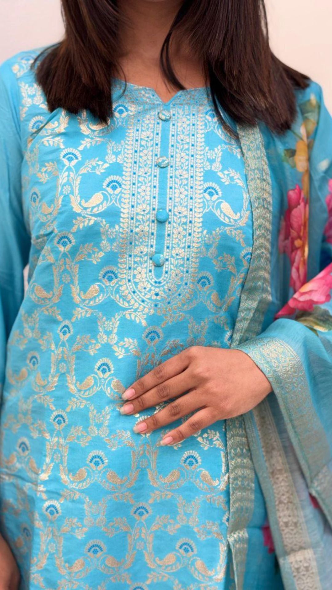 Premium Banarasi Kurti Set with Floral Dupatta