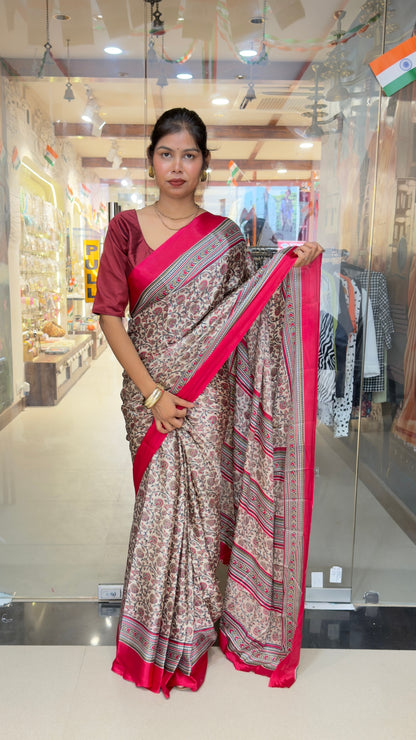 Elegant Pink & Beige Printed Silk Saree with Traditional Border