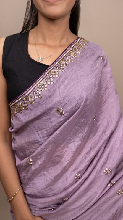 Banarashe Elegant Lavender Tissue Saree with Zari Border