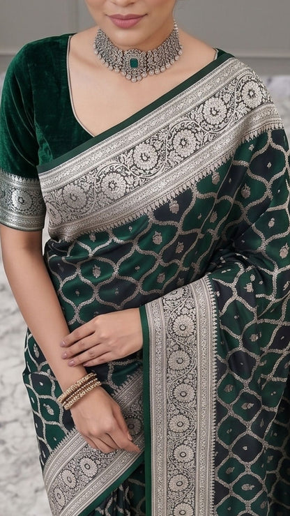 Banarashe Dark Green Mashru Silk Saree with Silver Zari Woven Geometric Motifs, Traditional Border & Designer Pallu