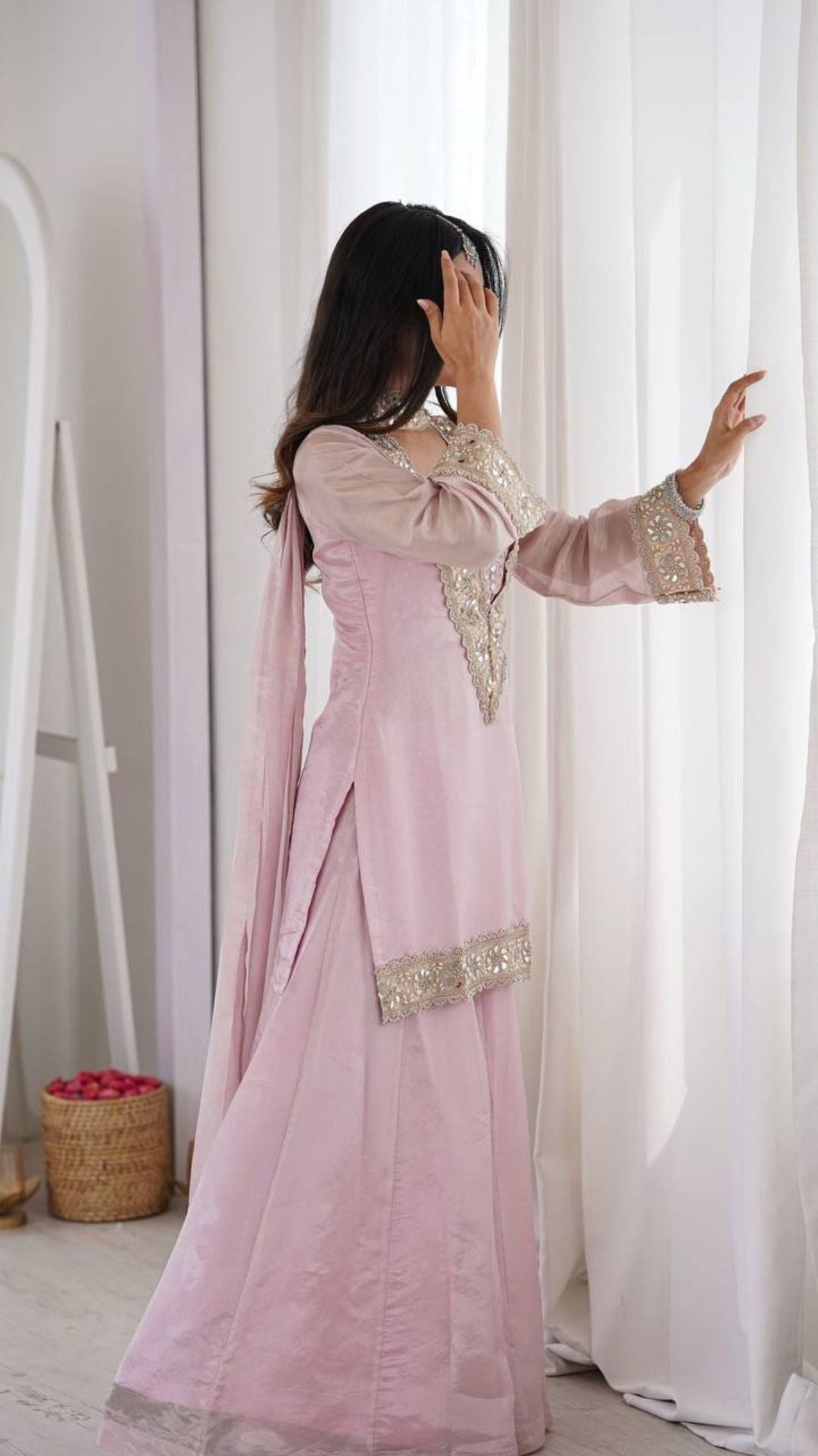 Pink Mirror Work Palazzo Suit Set for Women