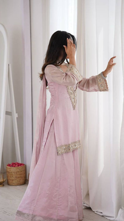 Pink Mirror Work Palazzo Suit Set for Women