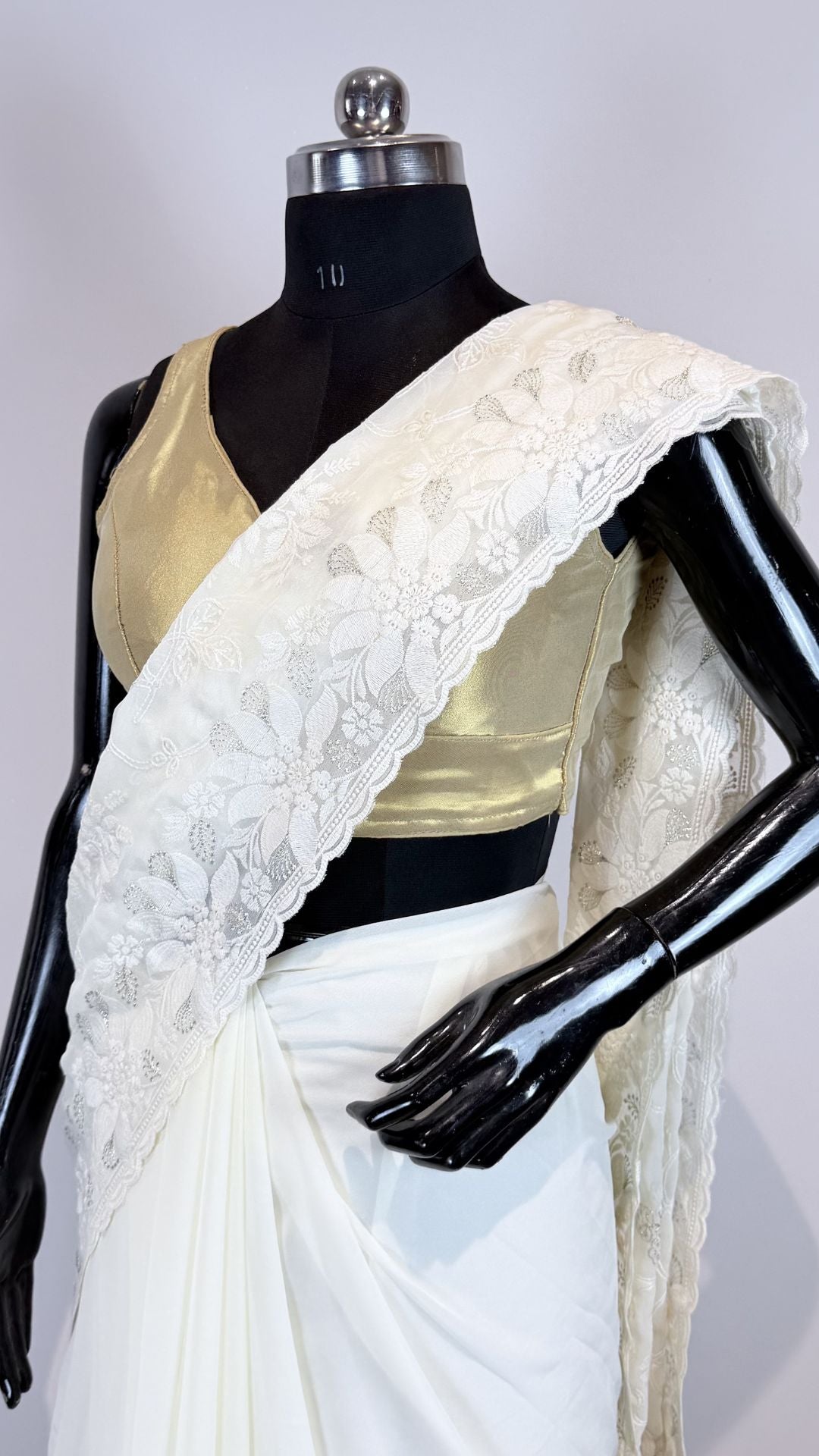 White Semi Chikankari Embroidered Saree with Floral Border Work