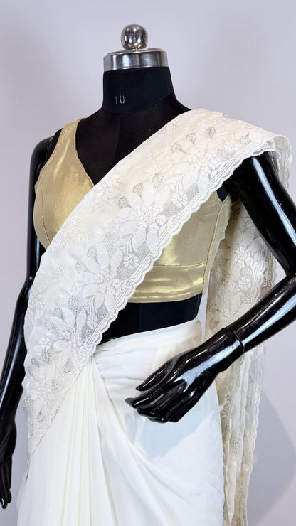 White Semi Chikankari Embroidered Saree with Floral Border Work