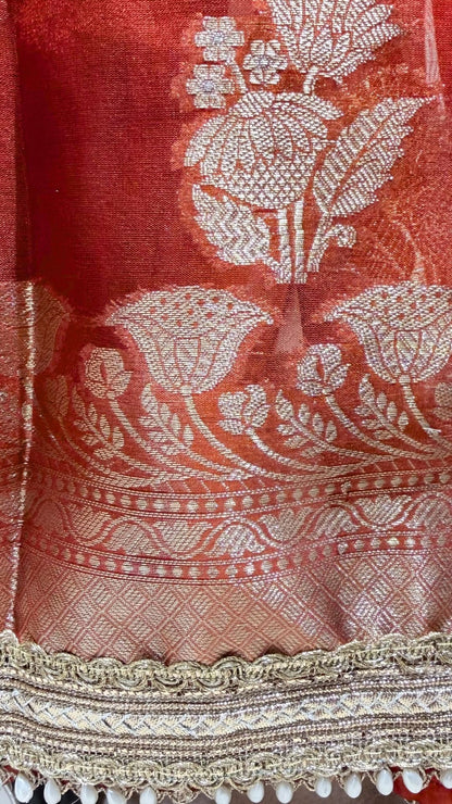 Orange Tissue Saree with Moti Lace Border
