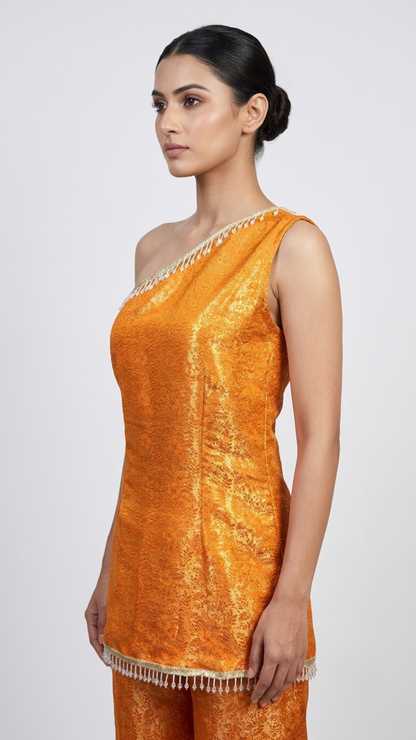 Banarashe Women’s Golden Orange One-Shoulder Kurta with Wide-Leg Pants Set
