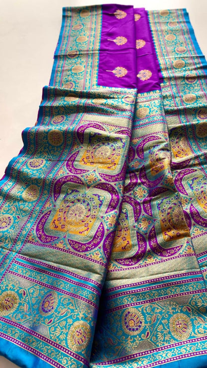 Royal Purple Premium Banarasi Silk Saree with Meenakari Weave & Contrast Blouse