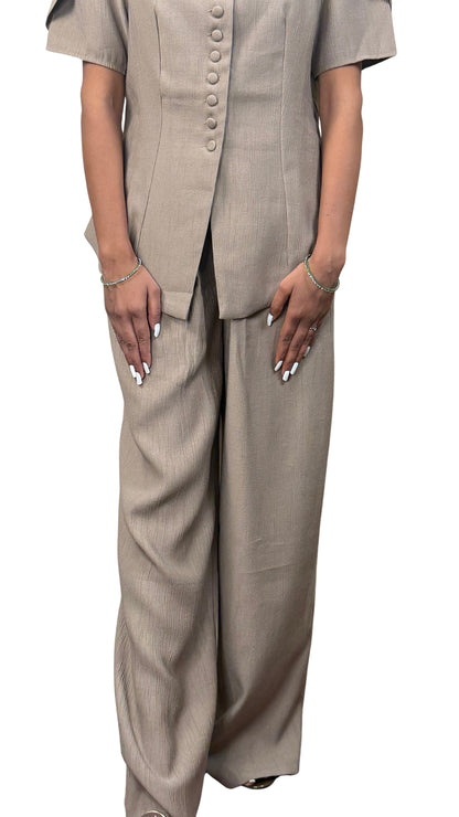 Banarashe Chic Warm Grey Button-Front Co-Ord Set with Tulip Sleeves