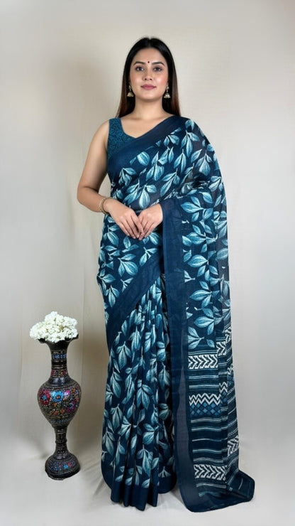 Elegant Navy Blue Leaf Print Georgette Saree with Blouse Piece – Lightweight Party Wear & Casual Saree for Women