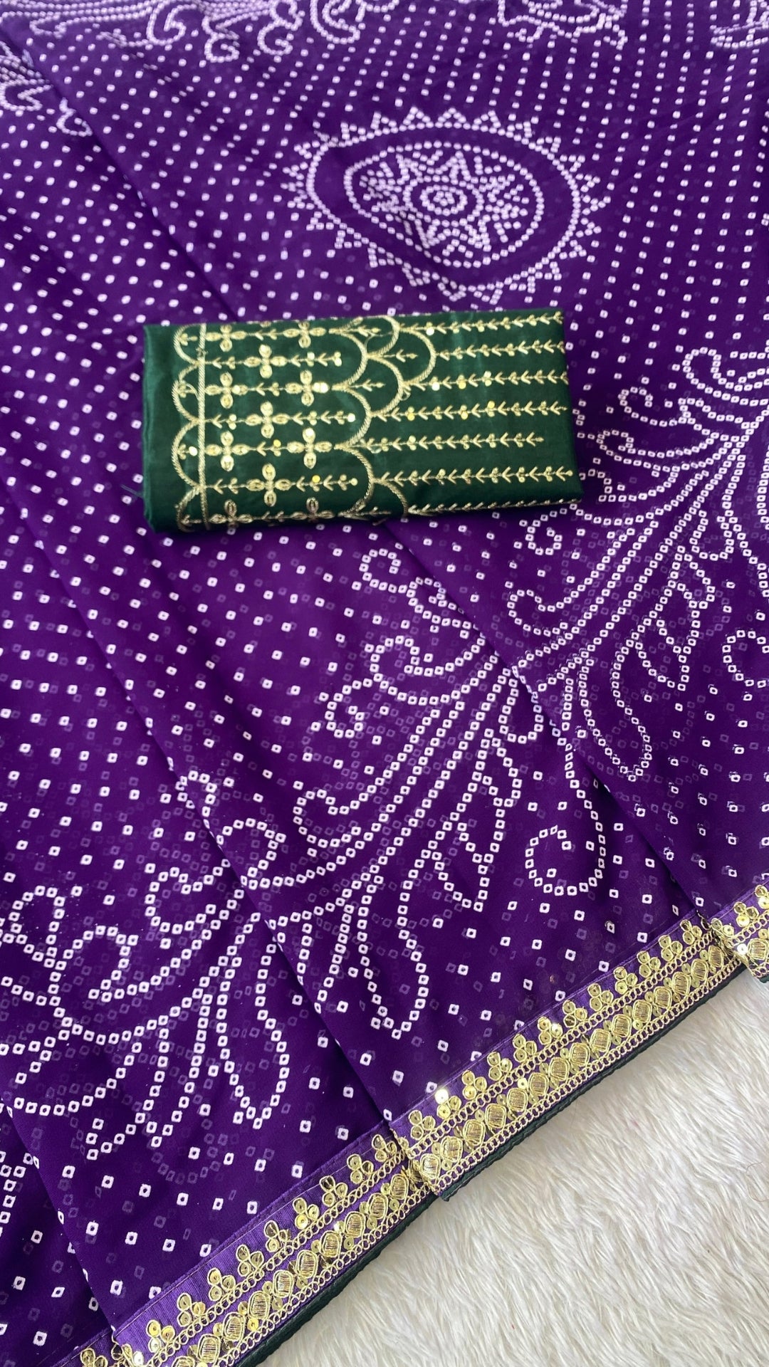 Royal Purple Georgette Bandhani Saree with Dark Green Contrast Blouse