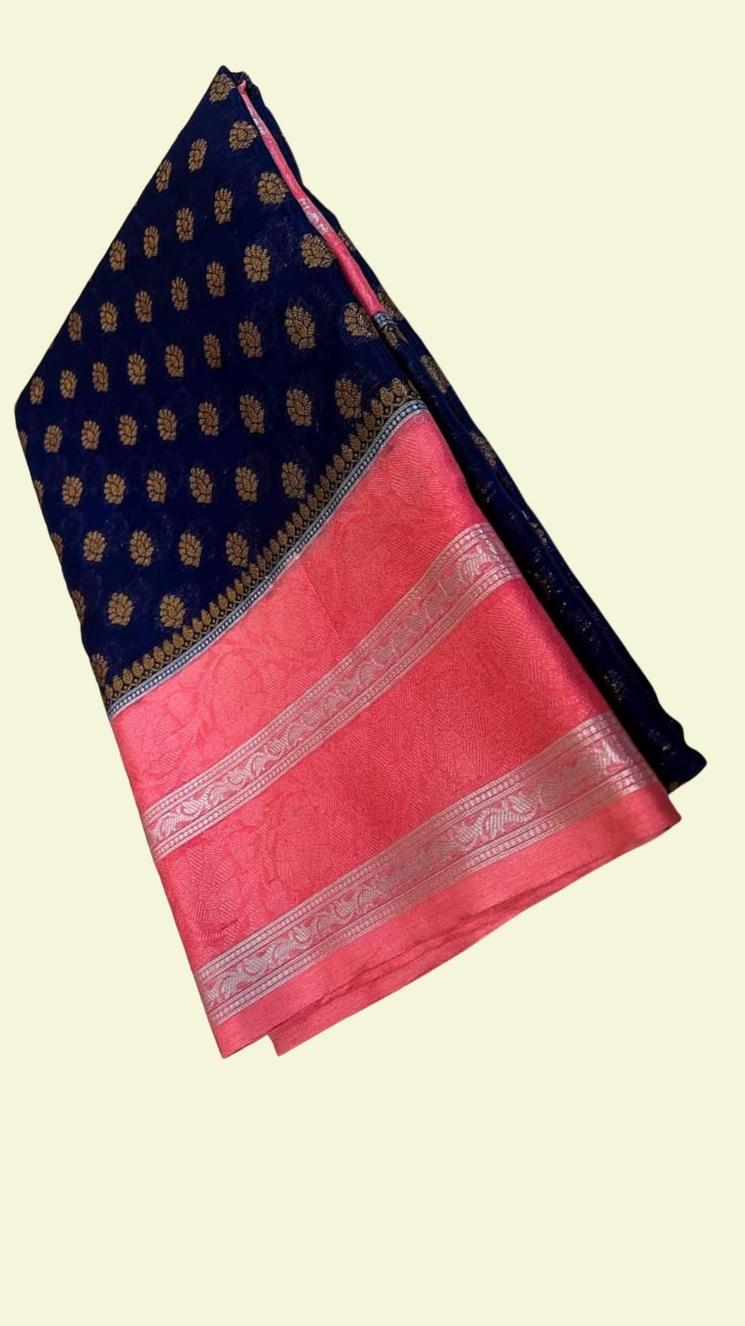 Navy Blue Raw Mango Silk Saree with Zari Booti Work & Peach Pink Designer Border