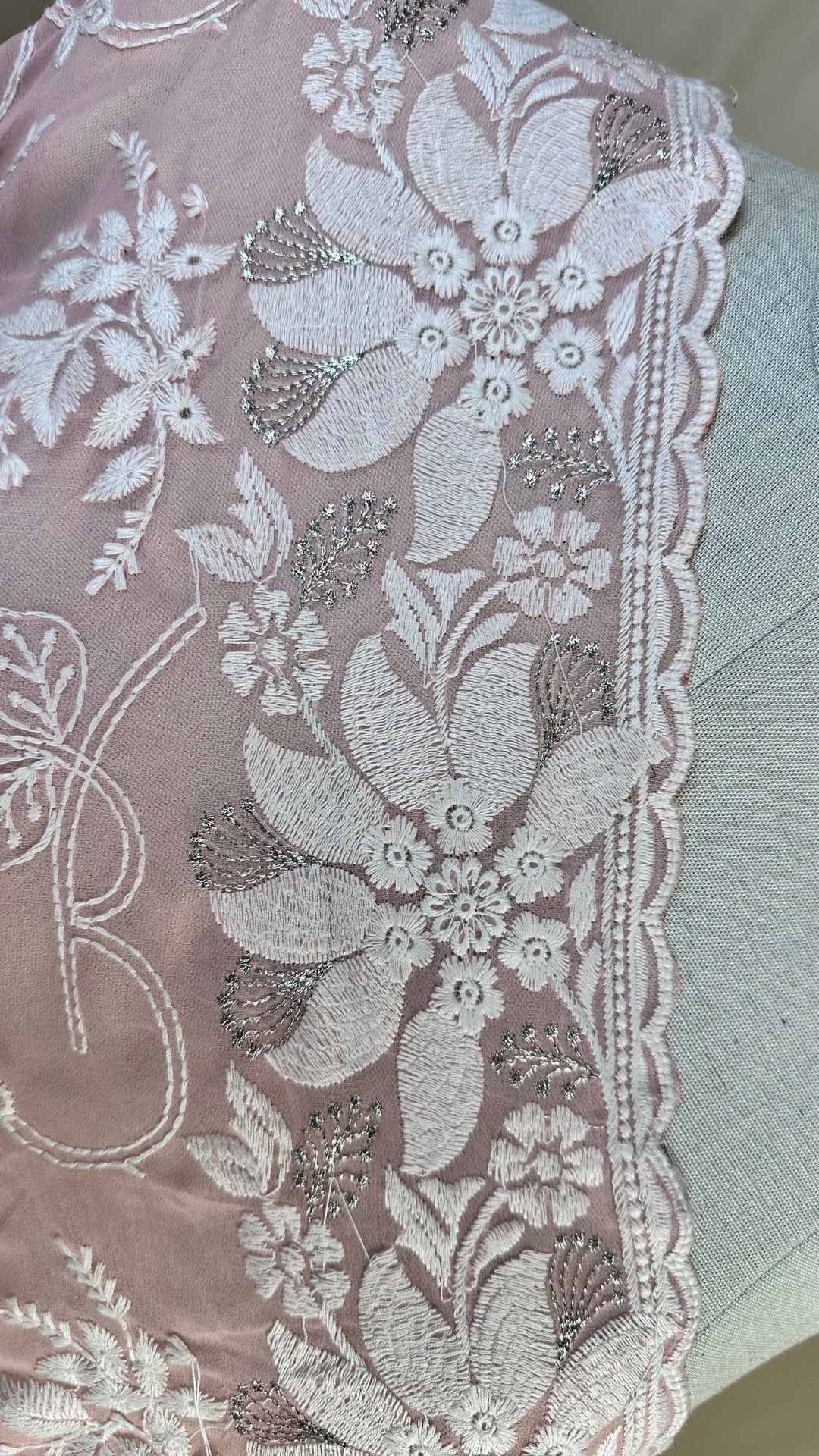 Elegant pink chikankari Saree with White Floral Embroidery