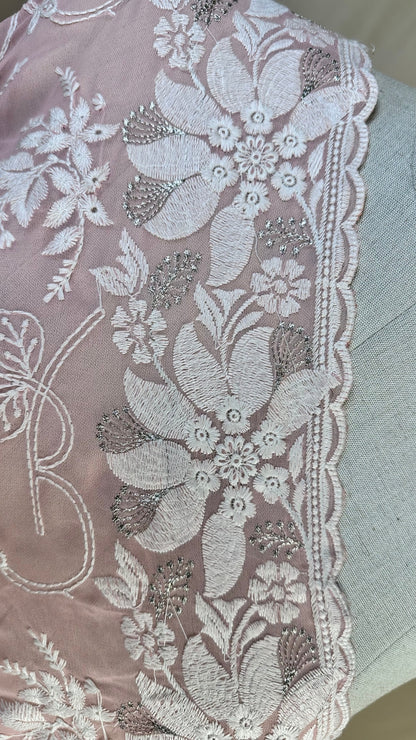 Elegant pink chikankari Saree with White Floral Embroidery