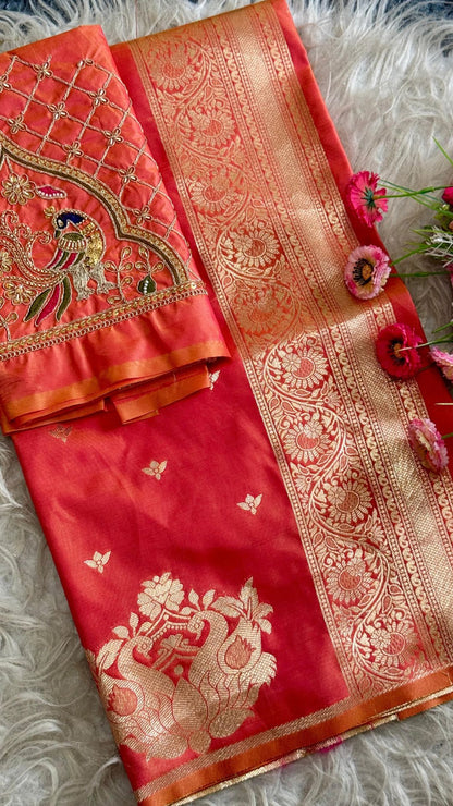 Dual Tone Coral Red Paithani Saree with Rich Zari & Designer Aari Blouse