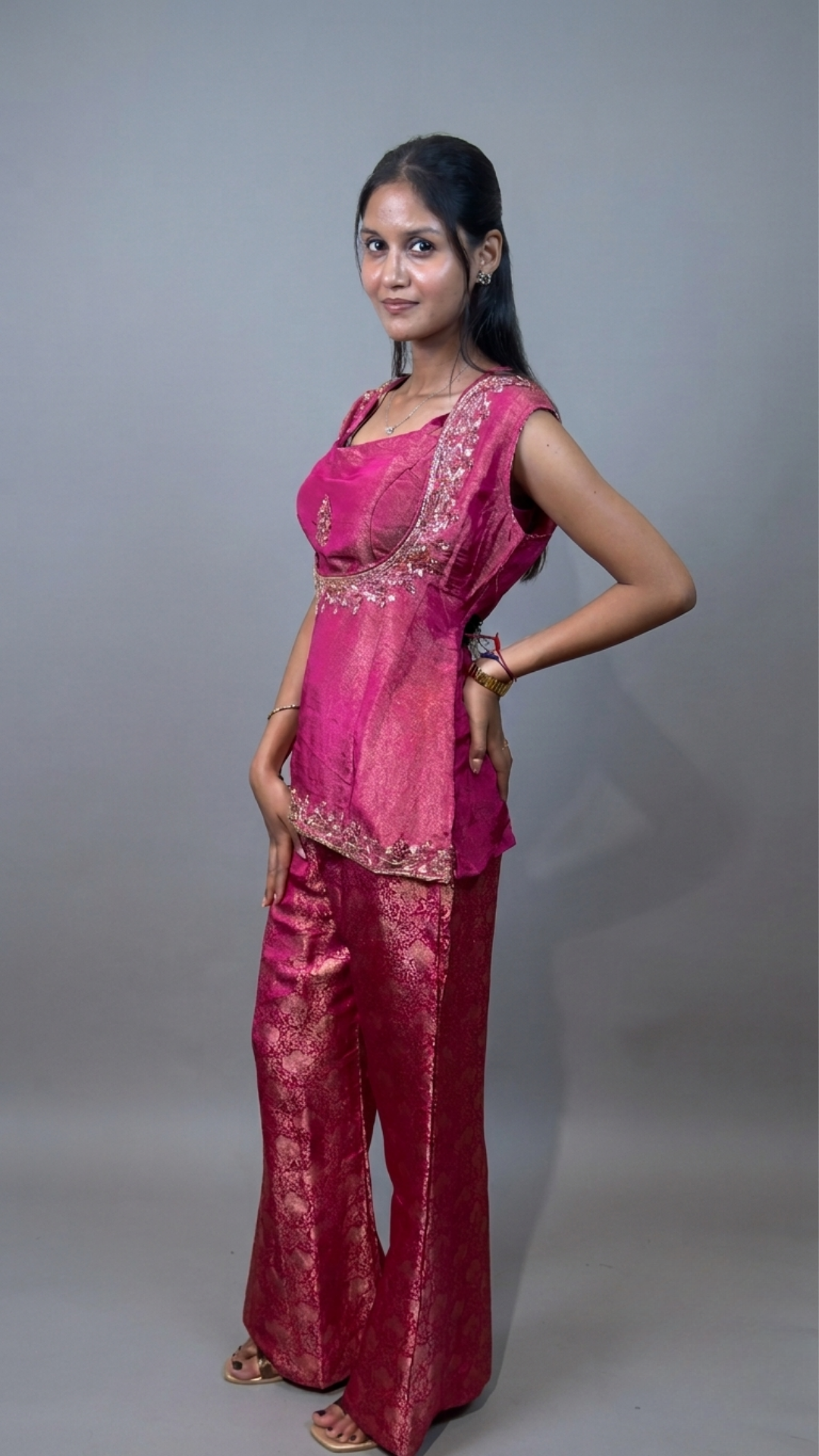 BanaraShe Pink Banarasi Brocade Indo-Western Palazzo Set with Corset Top