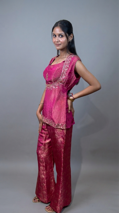 BanaraShe Pink Banarasi Brocade Indo-Western Palazzo Set with Corset Top