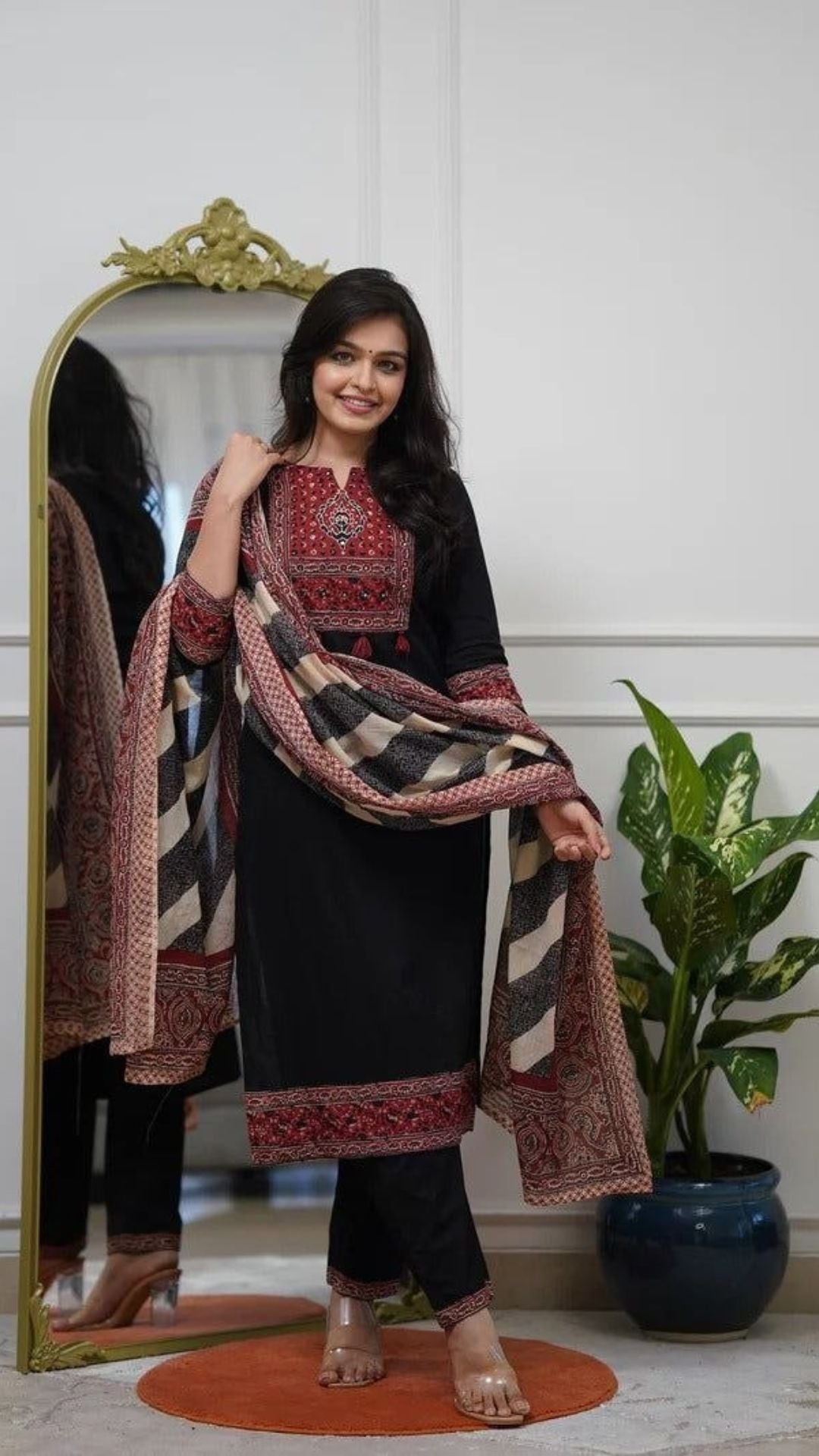 Midnight Black Royal Kalamkari Cotton Suit Set