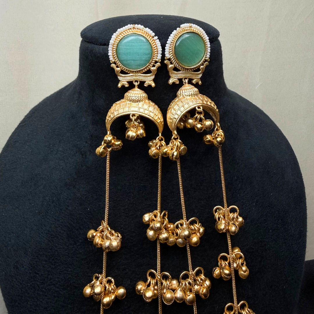 Banarashe Crescent Chain Earrings Sea Green Stone Temple Danglers for Festive Elegance