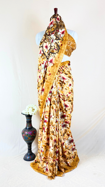 Folor Print Banarasi Georgette Saree (Yellow)