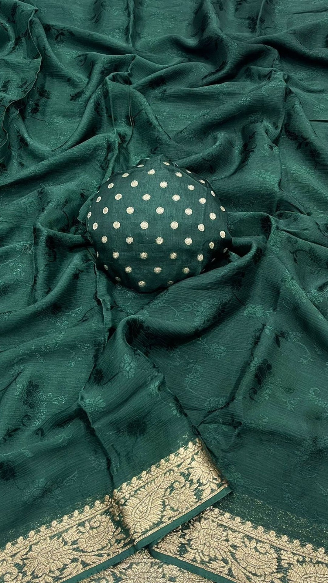 Bottle Green Pure Chinon Chiffon Saree with Antique Gold Zari Weaving Border