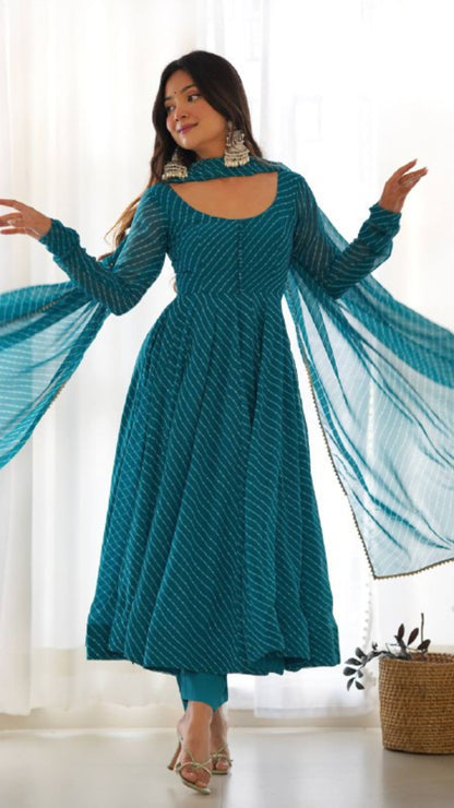 Rama Blue Fox Georgette Laheriya Anarkali Set with Dupatta