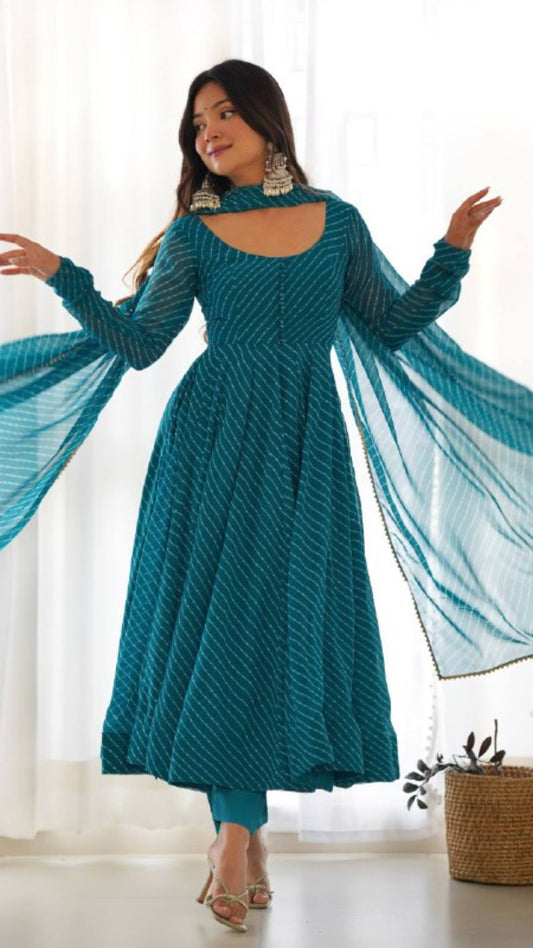 Rama Blue Fox Georgette Laheriya Anarkali Set with Dupatta