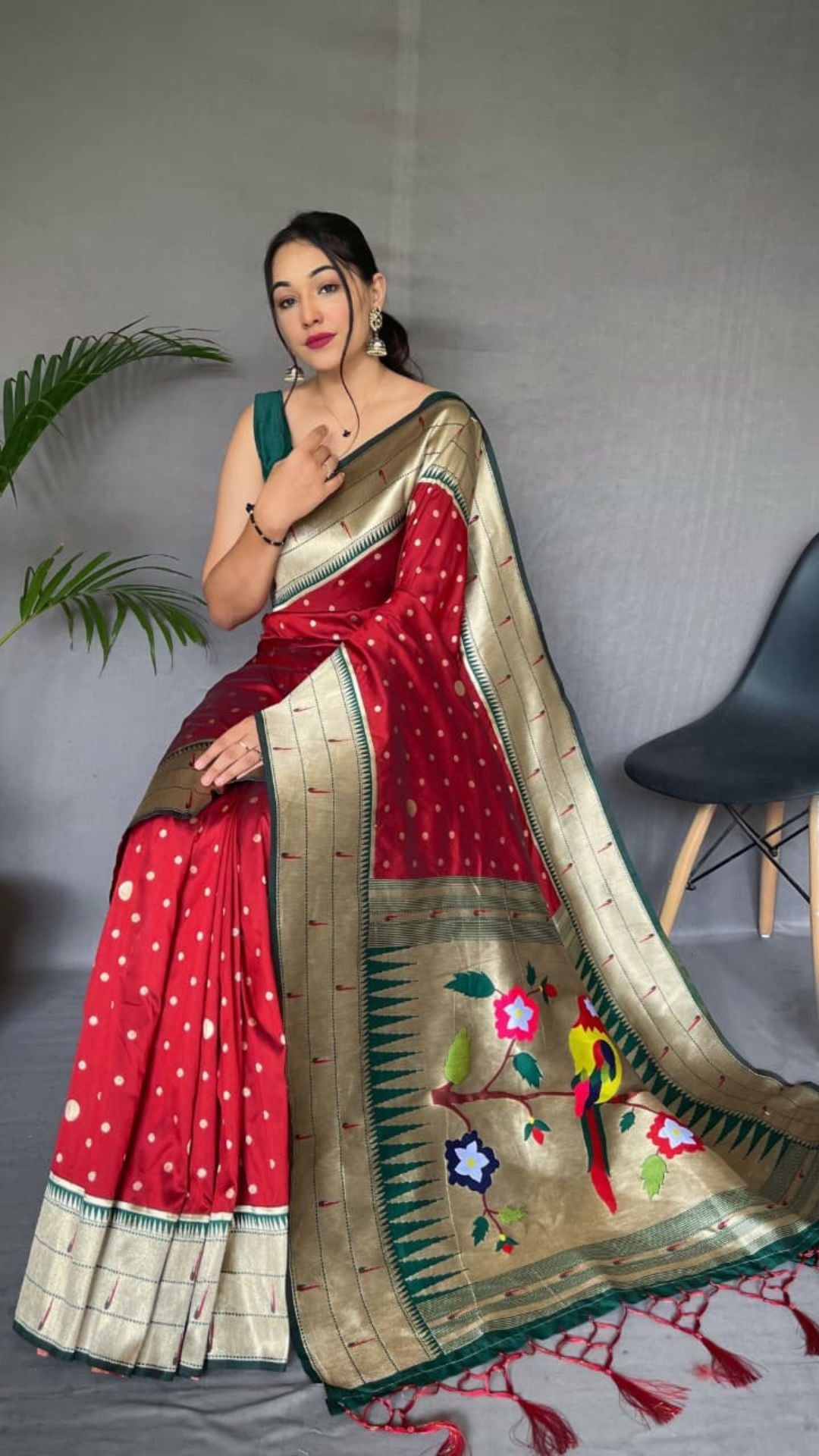 Premium Red Polka Paithani Soft Silk Saree with Rich Woven Pallu & Tassels