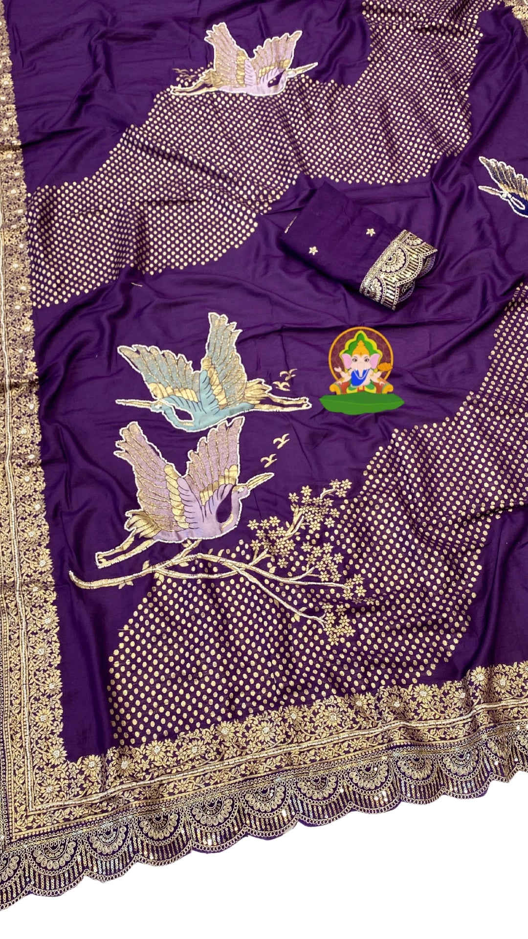 Deep Purple Dola Silk Saree with Handcrafted Crane Motif
