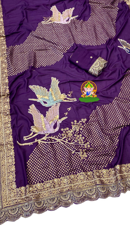 Deep Purple Dola Silk Saree with Handcrafted Crane Motif