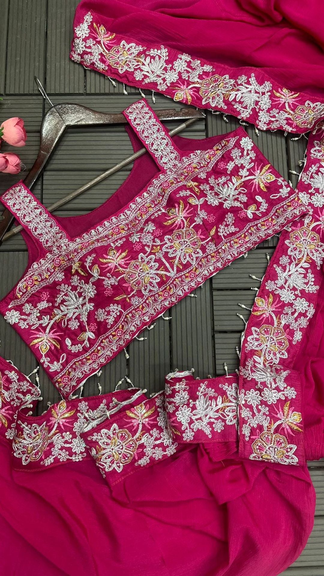 Royal Rani Pink Embroidery Cording Ready-to-Wear Saree with Full Koti