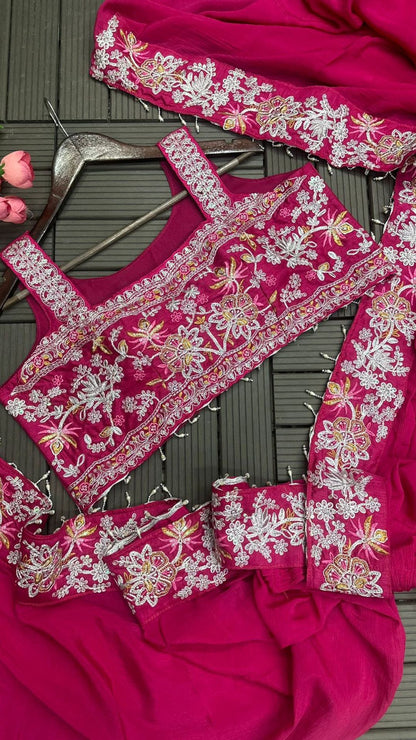 Royal Rani Pink Embroidery Cording Ready-to-Wear Saree with Full Koti