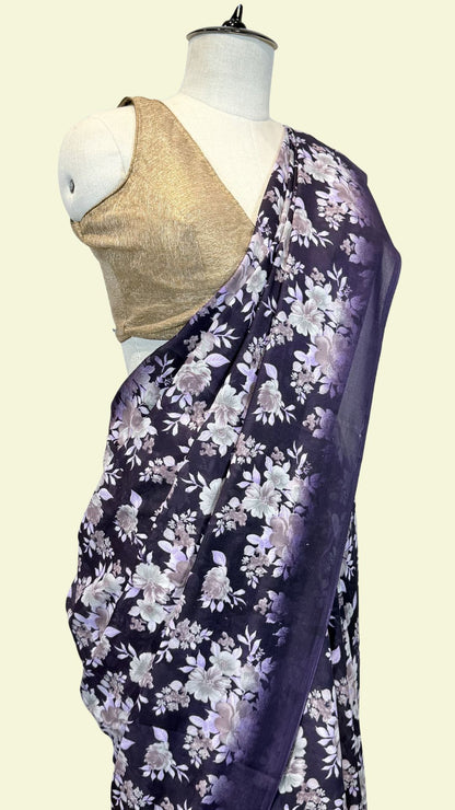 Purple Floral Printed Synthetic Saree