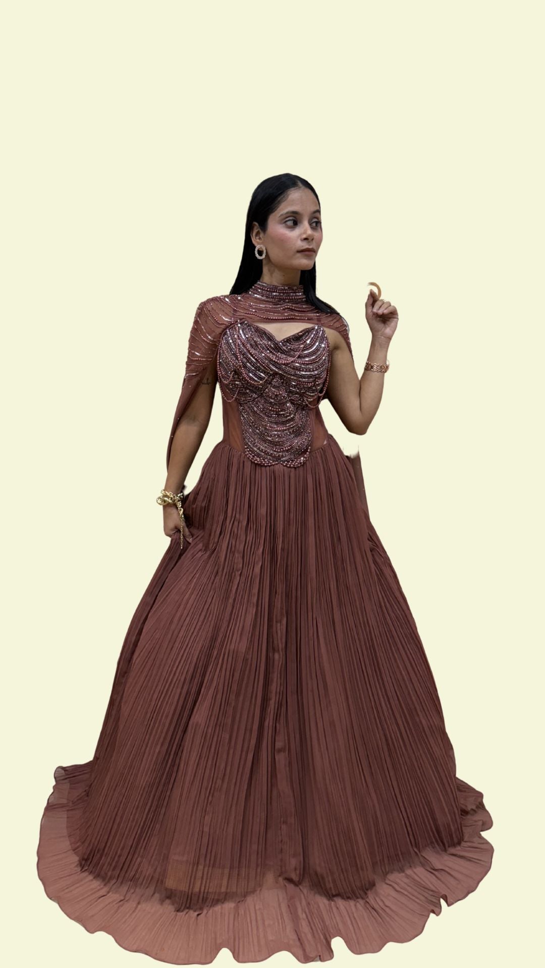 Designer Reception Gown for Women with Cape Sleeves | Engagement & Party Wear Dress