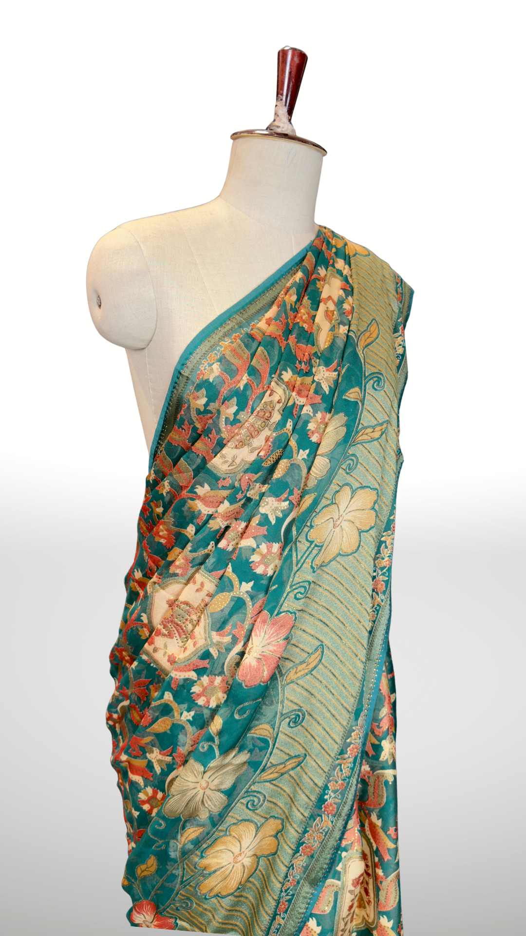 BanaraShe Teal Blue Floral Printed Saree with Traditional Paisley & Floral Motifs